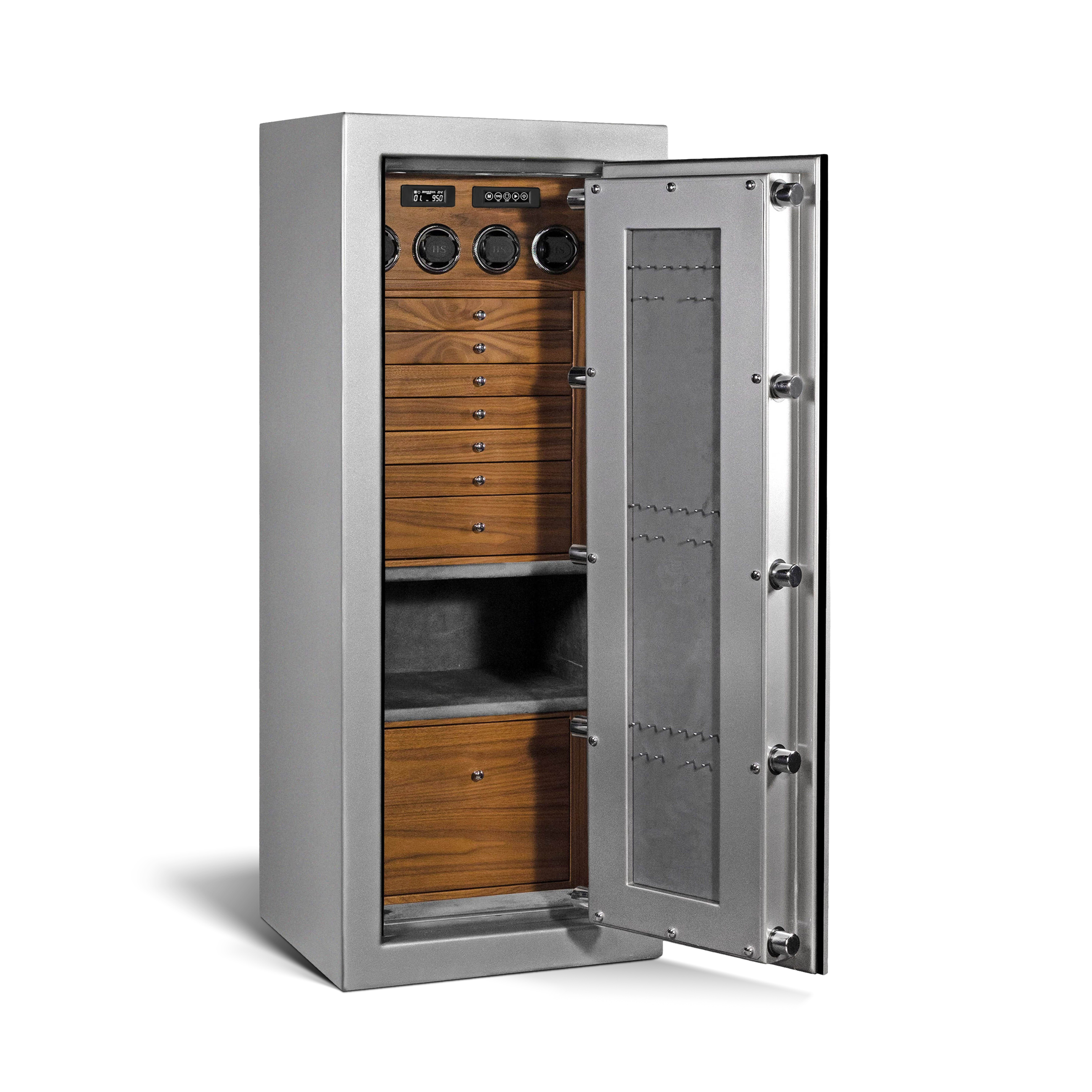 Armando — Emerald RSC II Jewelry & Watch Safe in Titanium, door open, showing watch winders and walnut drawers