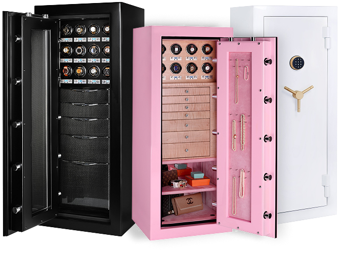 Three safes from the Casoro Reserve Collection — black, pink, and white finishes