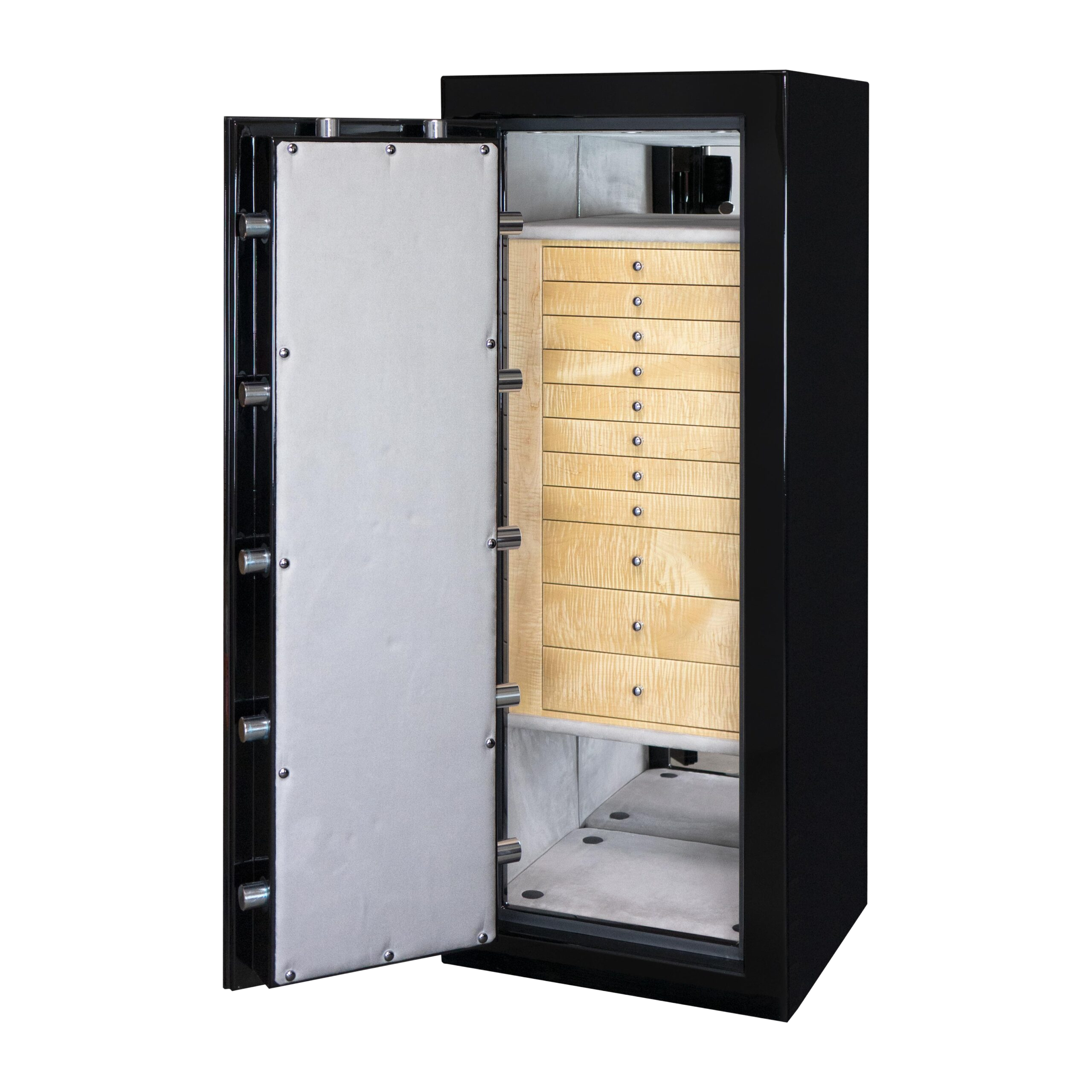 Massachusettes — Emerald Left-Swing Jewelry Safe in Onyx, door open showing eleven curly maple drawers
